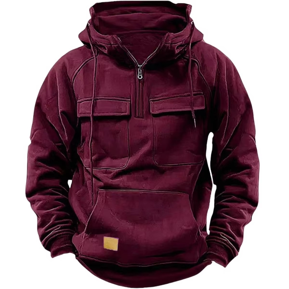 Men's rugged thick fleece hoodie sweatshirt with multiple pockets for outdoor warmth