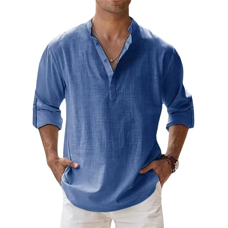 Men's beige cotton linen Henley shirt, lightweight long sleeve summer style with 3-button placket