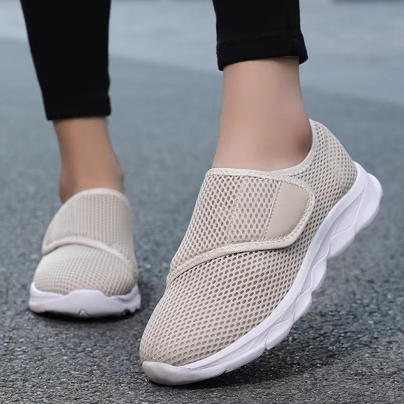 Orthopedic wide-fit walking shoes beige breathable mesh diabetic-friendly adjustable strap closure