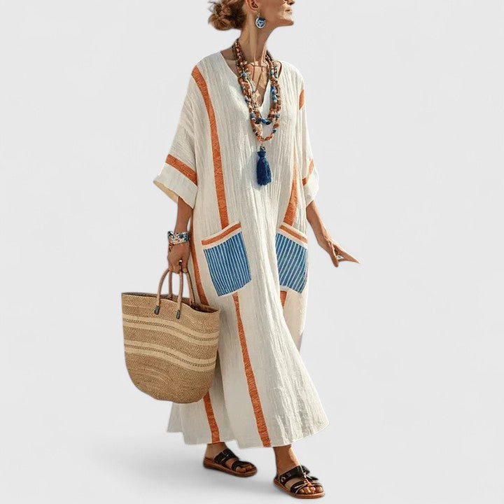 Sage | Women's V-Neck Striped Linen Maxi Dress with Pockets