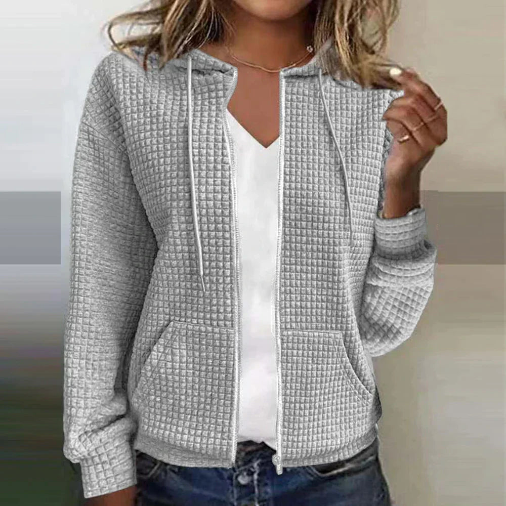 Women's lightweight zip-up hoodie jacket with drawstring hood, front pockets, casual everyday fit