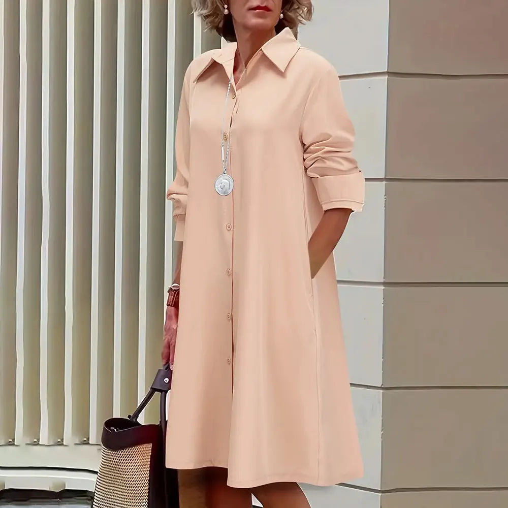 Women's navy A-line shirt dress button-front long sleeves knee-length elegant versatile