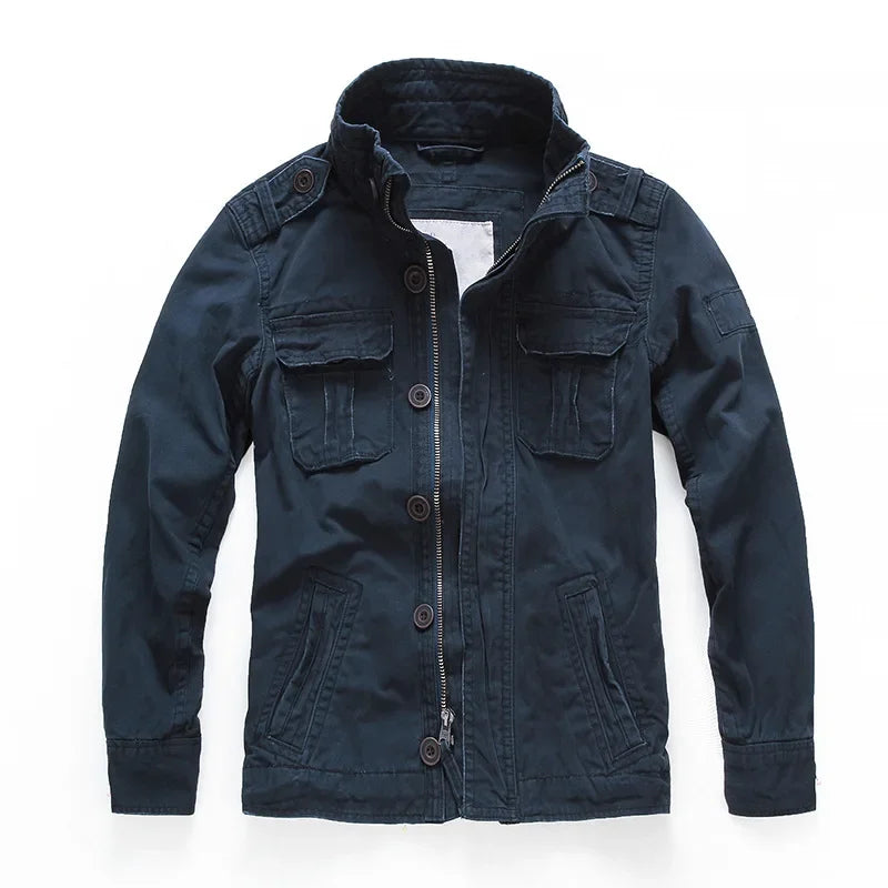 Men's casual stand-up collar jacket with multiple pockets, structured button-front placket, modern fit