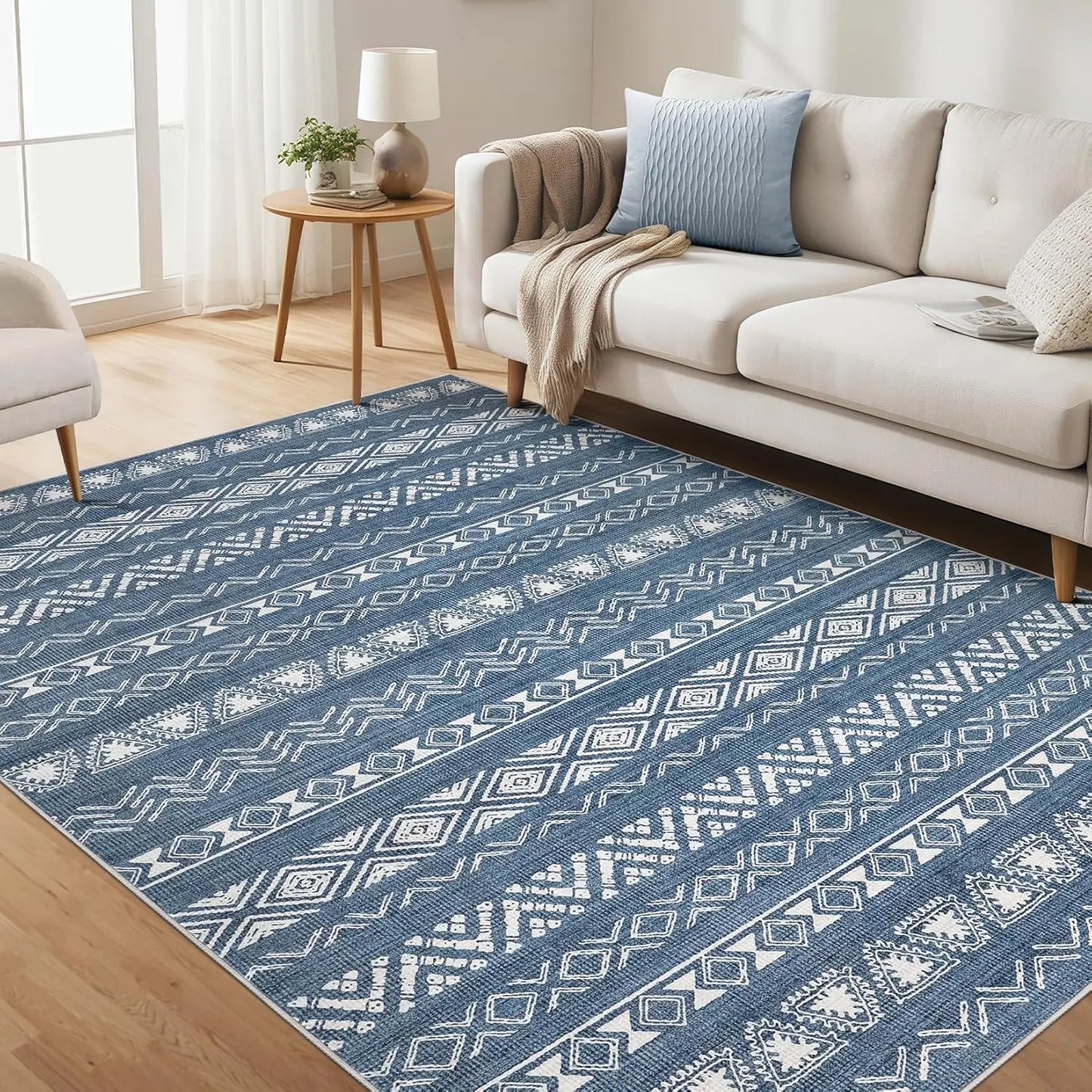 Washable Moroccan geometric boho farmhouse indoor rug, non-slip large area rug for bedroom and dining