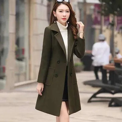 Women's slim fit double-breasted wool winter coat with turn-down collar in classic style