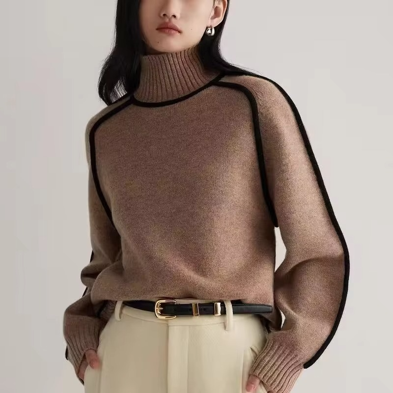 Women's striped knit turtleneck sweater, loose fit long sleeve pullover in cozy soft fabric