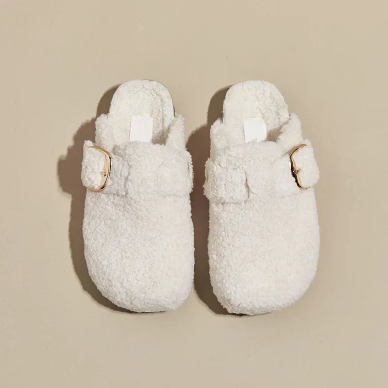 Women's plush lamb wool fuzzy mules slippers with adjustable buckle closure in cozy alpine style