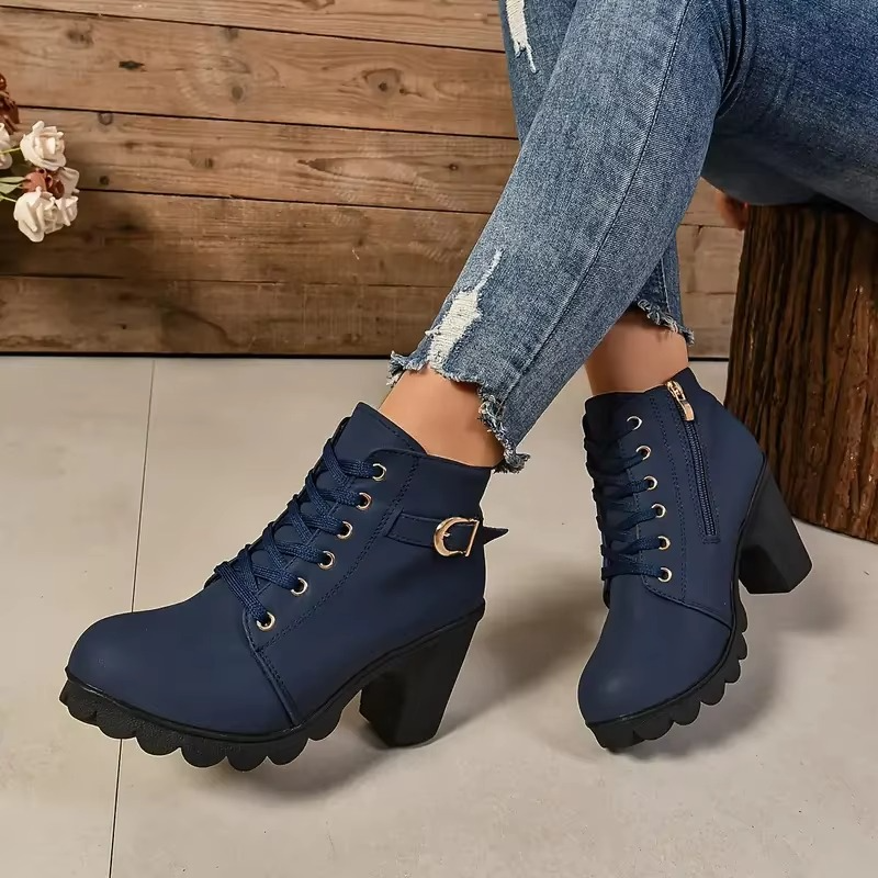 Women's black lace-up high heel boots with anti-slip soles, sleek PU upper for fall-winter