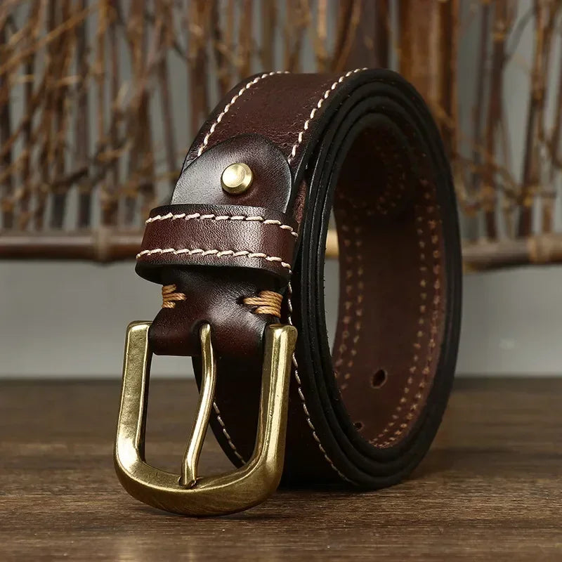 Men's brown full-grain buffalo leather belt with contrast stitching and brass-tone buckle