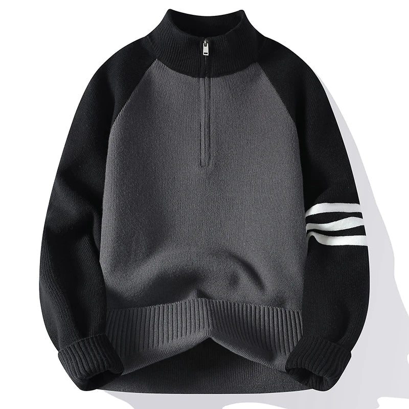 Two-tone half-zip knit sweater relaxed unisex fit soft color-block texture casual layering essential