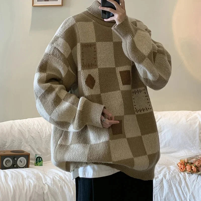 Checkered turtleneck knit sweater unisex geometric pattern tailored fit warm soft winter style