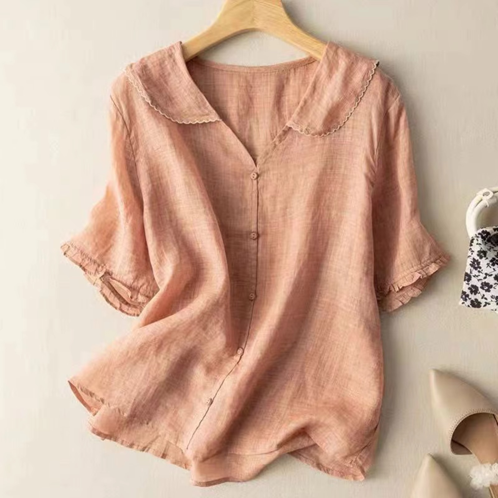 Women's relaxed cotton-linen long sleeve button-down shirt, breathable blend for polished everyday style