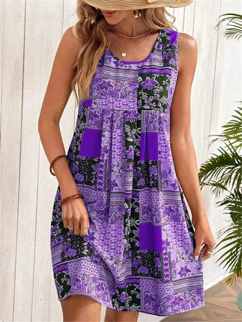 Women's sleeveless A-line dress in soft woven fabric, breezy scoop neckline summer travel style