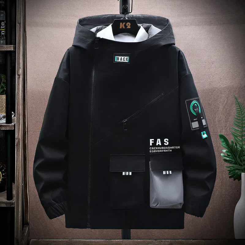 Men's water-resistant hooded jacket relaxed fit street style with multi-pocket design in urban silhouette
