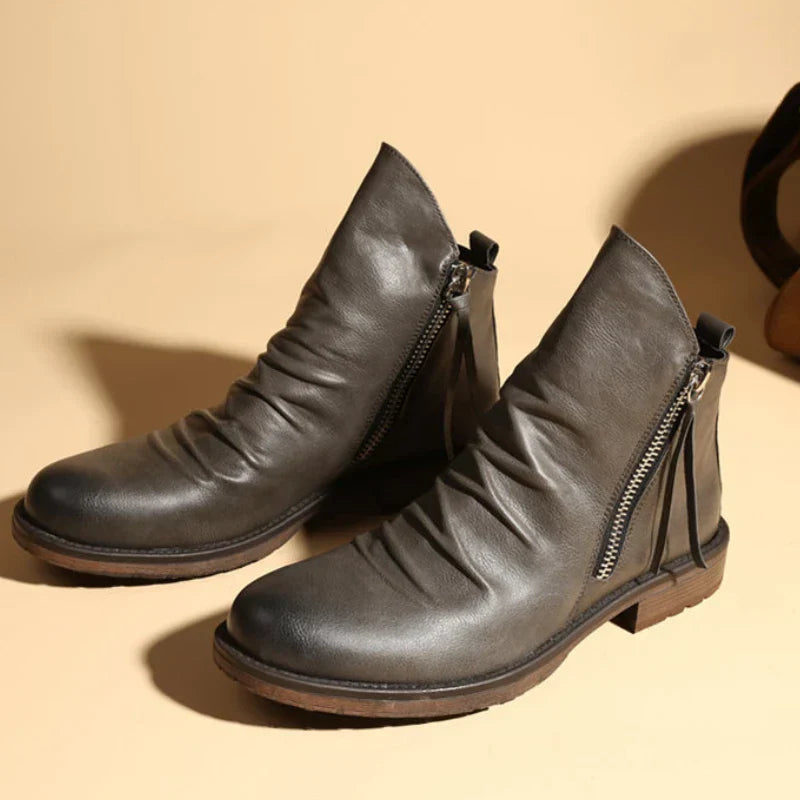 Men's brown Chelsea leather ankle boots hand-finished rich patina aged leather timeless silhouette