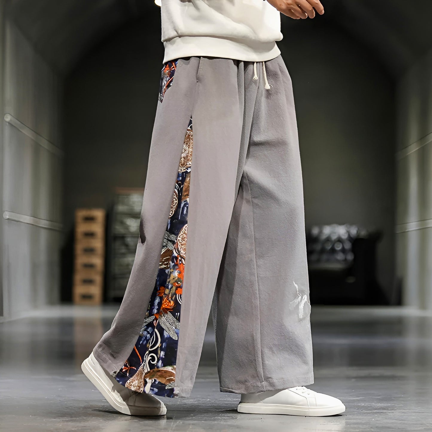 Wide-leg cotton linen pants with Eastern-inspired embroidery, breathable and artfully crafted for women