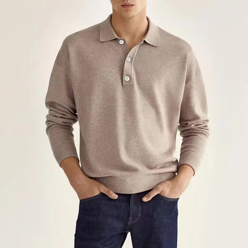 Men's long sleeve knit polo shirt in casual classic cut with traditional collar and button-down front