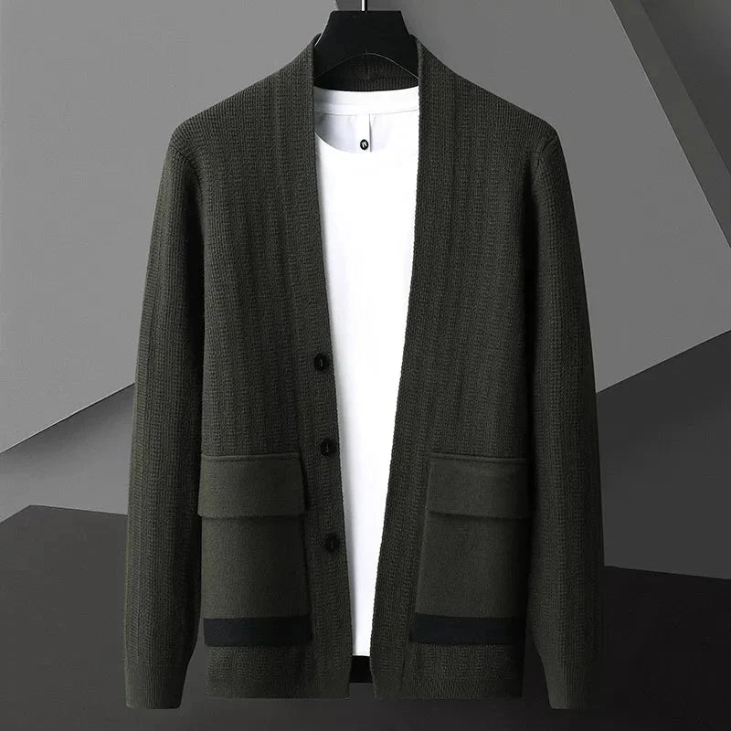 Men's ribbed wool cardigan relaxed fit, cozy casual style with natural knit texture