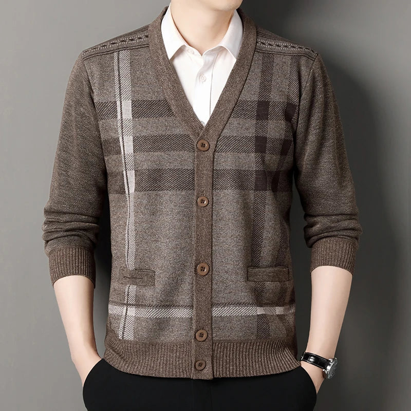 Men's classic check knit cardigan tailored fit soft texture refined office layering essential