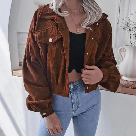 Mila cropped corduroy jacket women soft texture casual lapel button closure urban chic layering