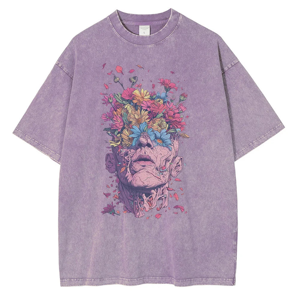 Men's white oversized graphic tee with intricate Titan Bloom floral print, premium breathable cotton