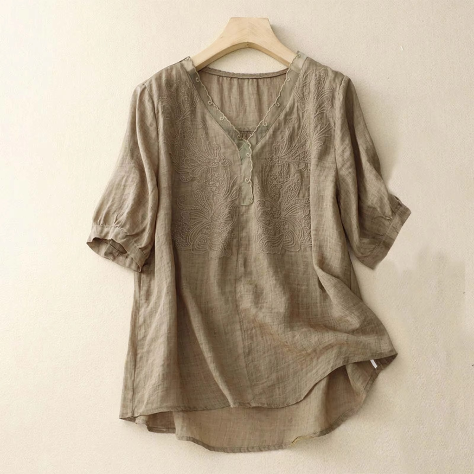 Women's vintage cotton linen blouse relaxed V-neck short sleeve summer top breathable solid style
