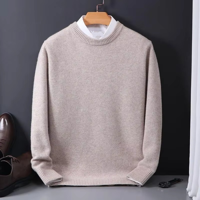 Men's oversized cashmere knit O-neck pullover sweater, relaxed fit with soft breathable blend for layering