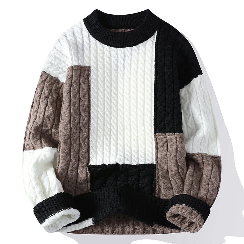 Men's relaxed fit cable knit wool crewneck sweater with color block pattern for cozy modern style