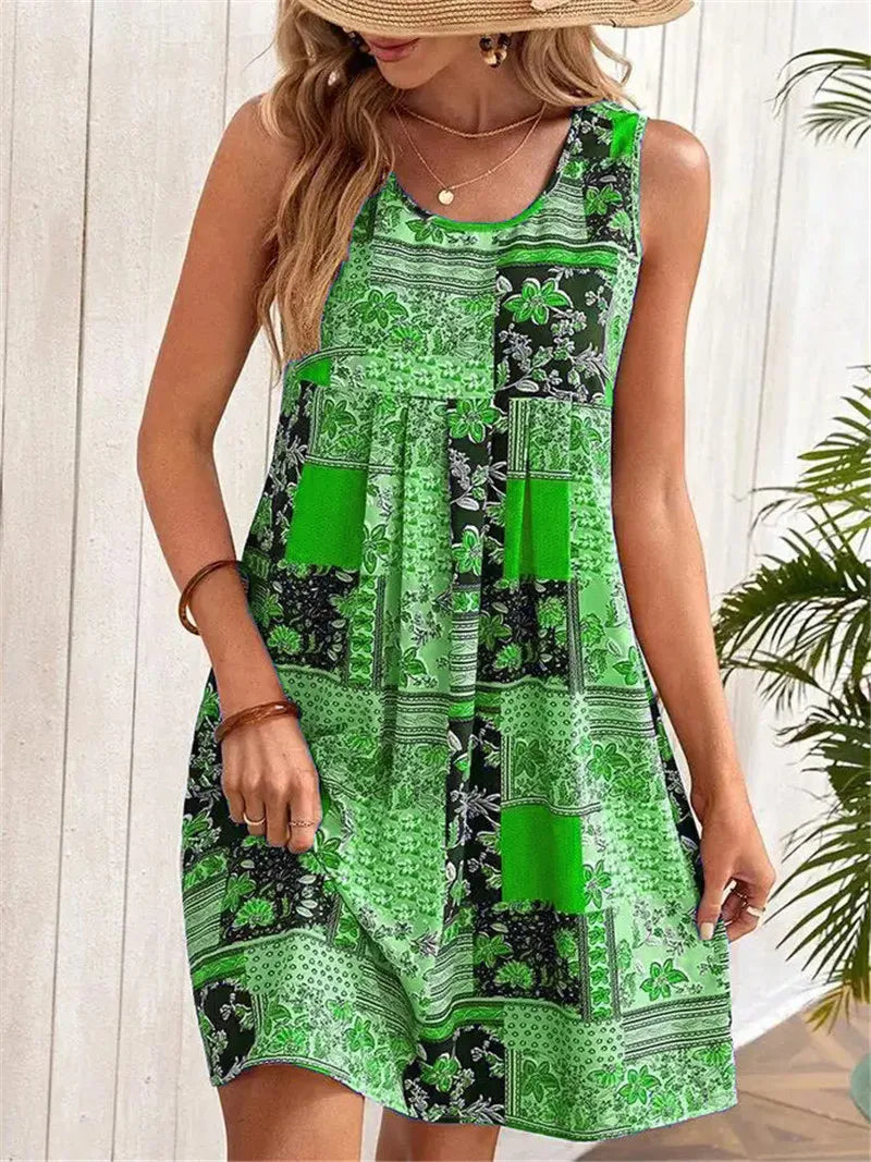 Women's sleeveless A-line dress in soft woven fabric, breezy scoop neckline summer travel style
