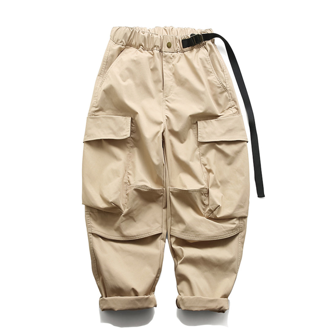 Olive cargo trousers with adjustable drawcord waist, multi-pocket design for hiking and outdoor use