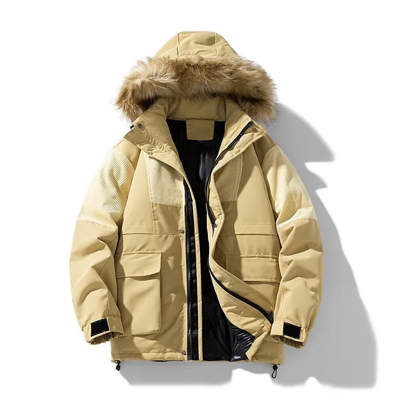 Men's relaxed fit hooded parka with fur-trimmed hood, weatherproof winter coat for casual warmth