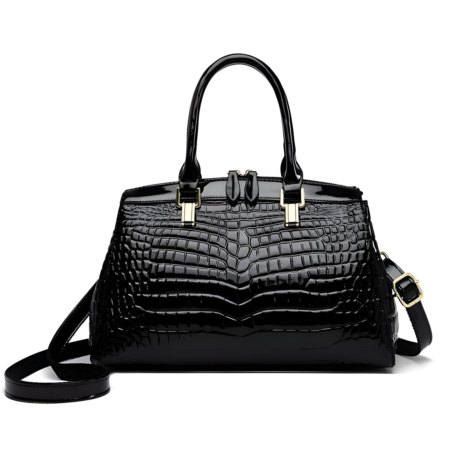 Glossy black embossed croc vegan patent leather boxy structured handbag with gold hardware