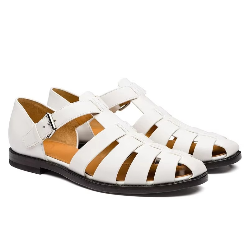 Men's brown leather dress sandals with woven strap detailing, formal open-toe style for summer outdoor wear