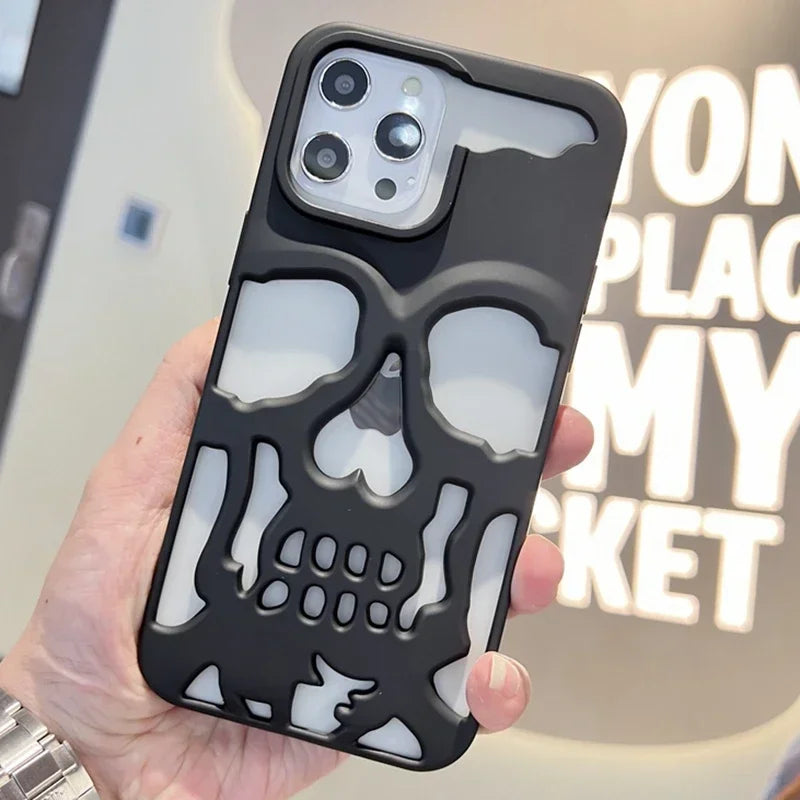 Carbon fiber iPhone case with 3D skull design, rugged protection, heat dissipation for active lifestyles