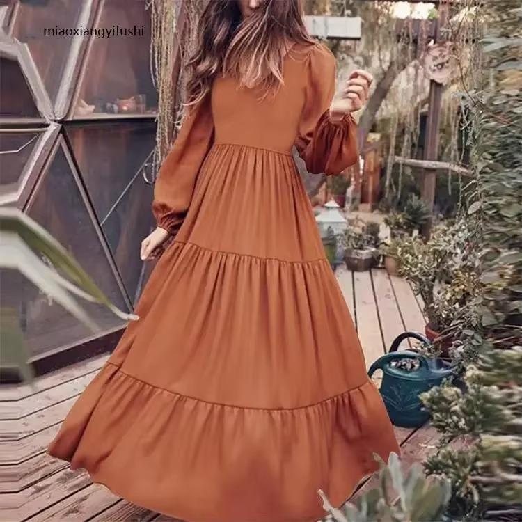 Retro loose V-neck long sleeve dress, relaxed fit with flowing silhouette for effortless everyday chic