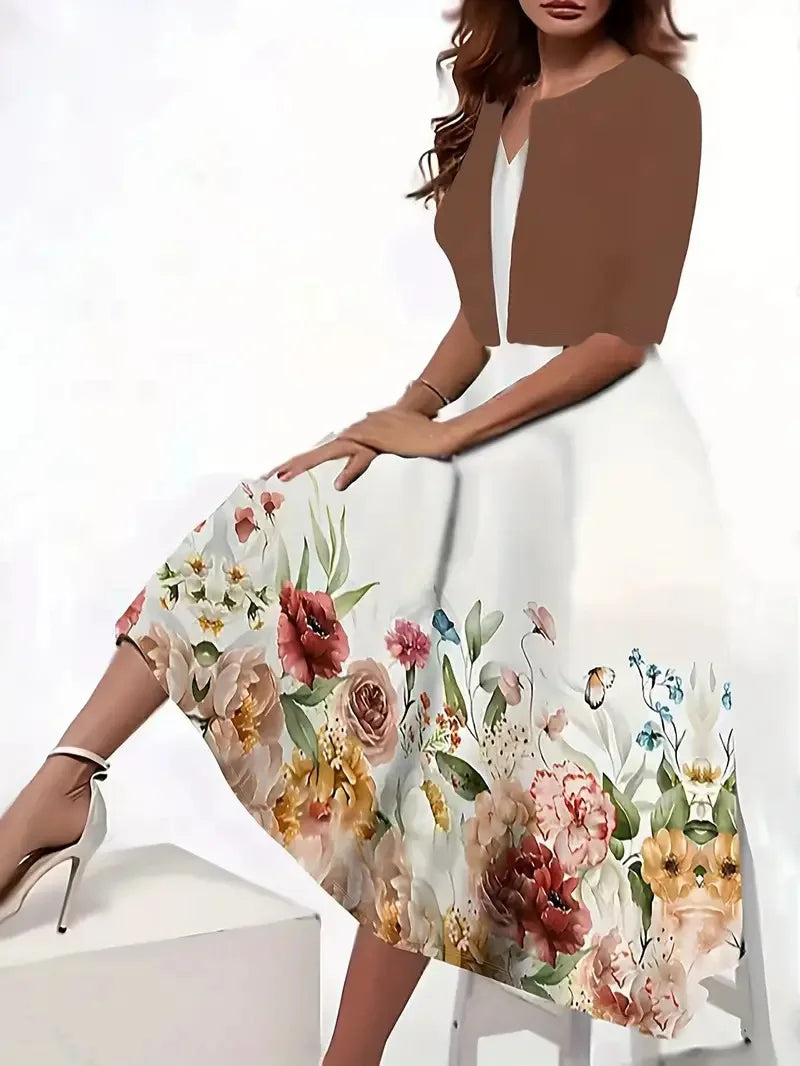 Women's elegant two-piece midi dress blazer set in versatile summer style with polished office-ready coordination
