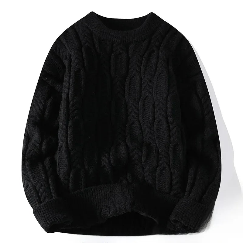 Unisex cable knit crewneck sweater with thick cable texture, warm and easy-to-layer classic fit