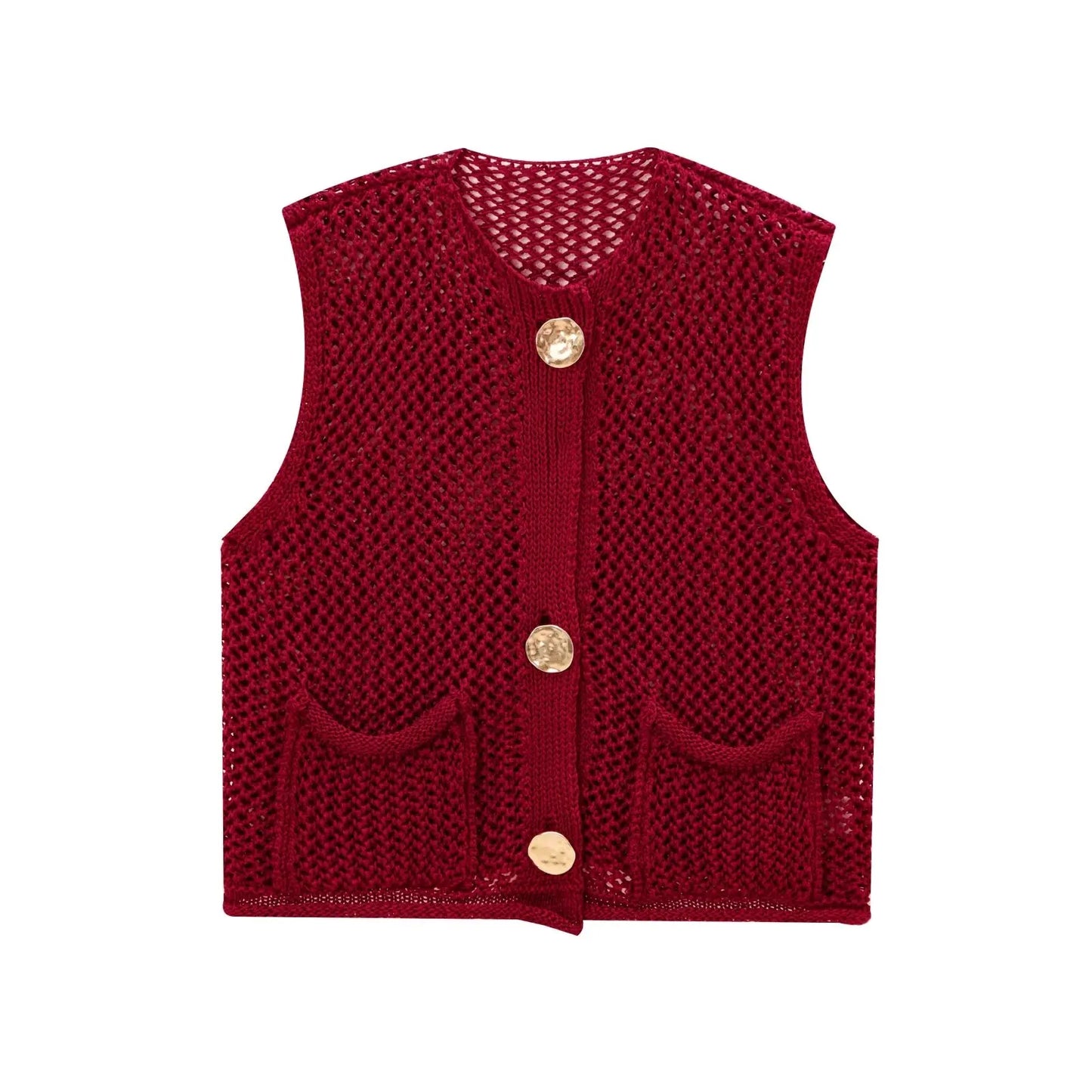 Vess knitted vest open-knit texture oversized buttons functional pockets everyday layering style