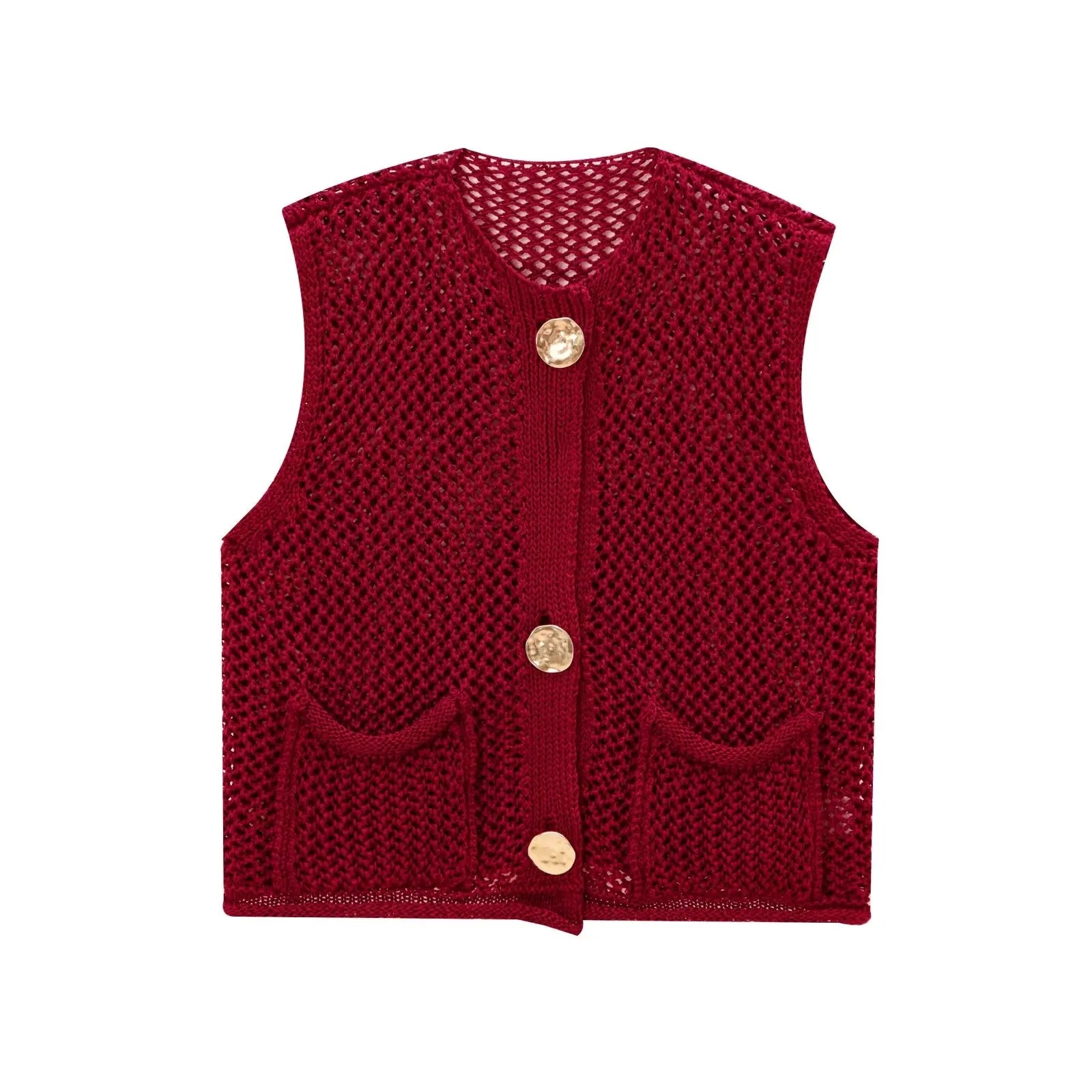 Vess knitted vest open-knit texture oversized buttons functional pockets everyday layering style