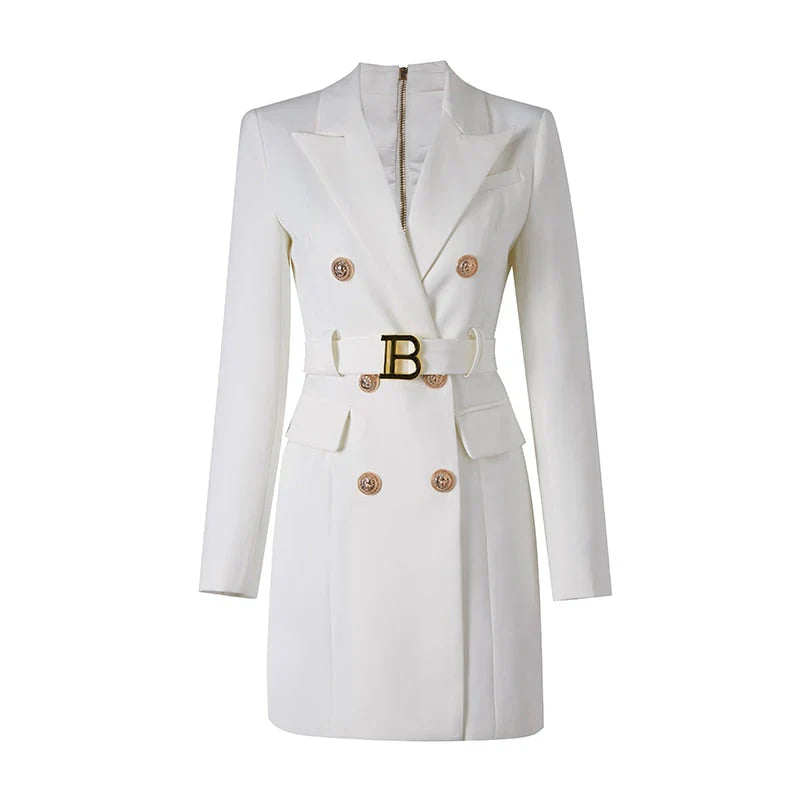 Navy belted blazer dress with luxurious gold buttons, tailored silhouette for professional women