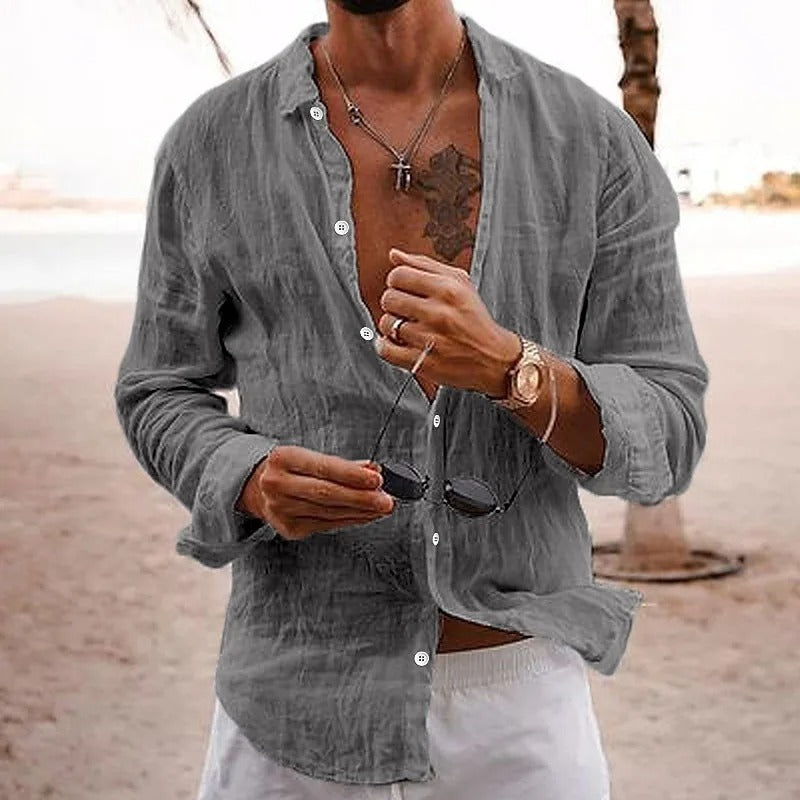 Men's natural beige linen long sleeve shirt, regular fit, lightweight breathable fabric for everyday wear