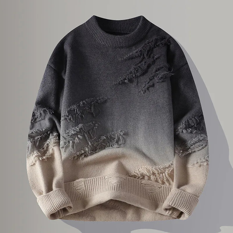 Men's gradient knit sweater with ombre fade, distressed texture, and street-style edge