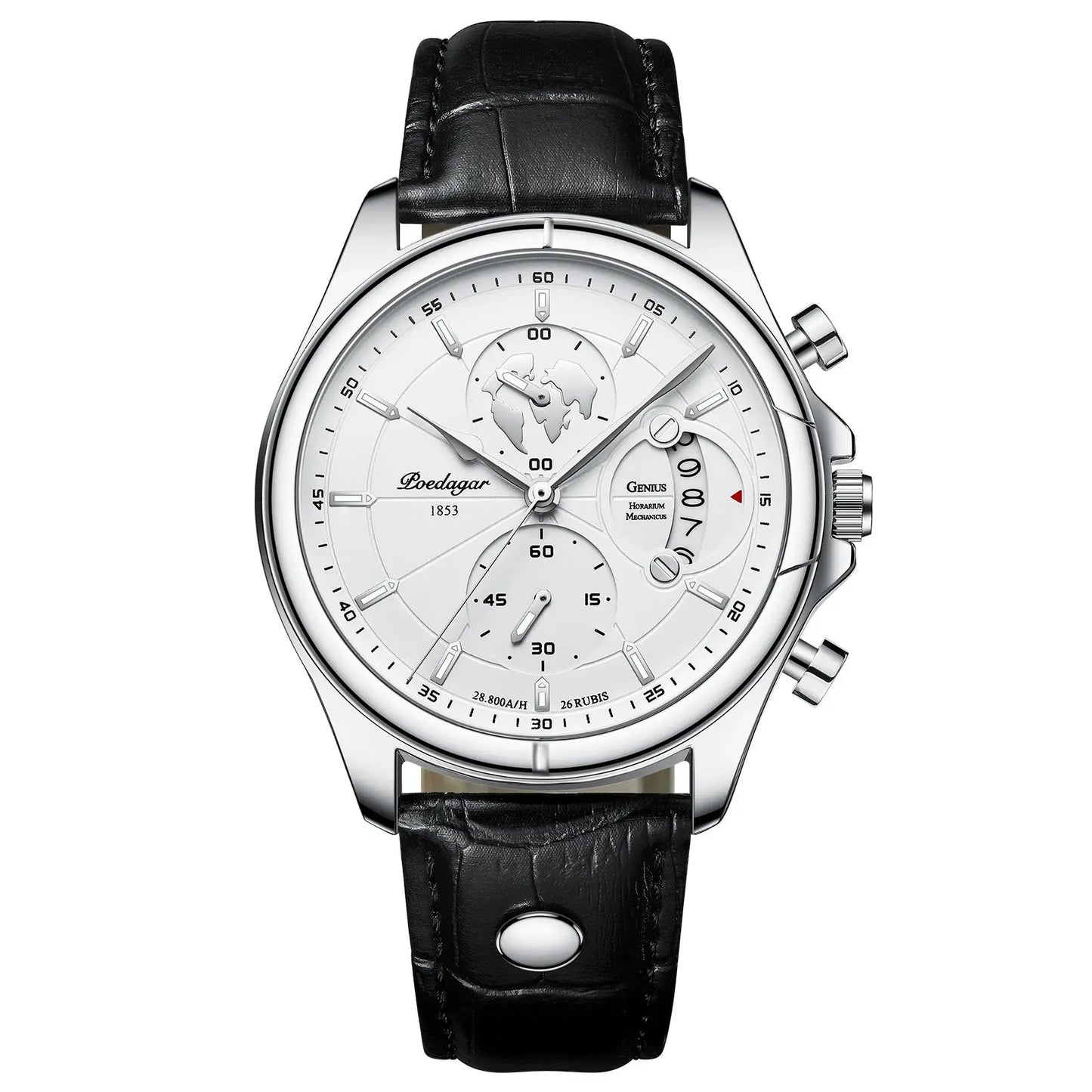 Daven men's stainless steel three-dial watch with scratch-resistant bezel and silver polished finish