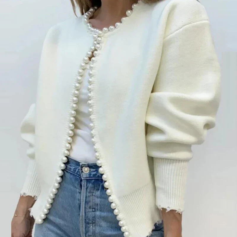 Women's soft lightweight knit cardigan with pearl-lined detailing, relaxed fit, breathable layering piece