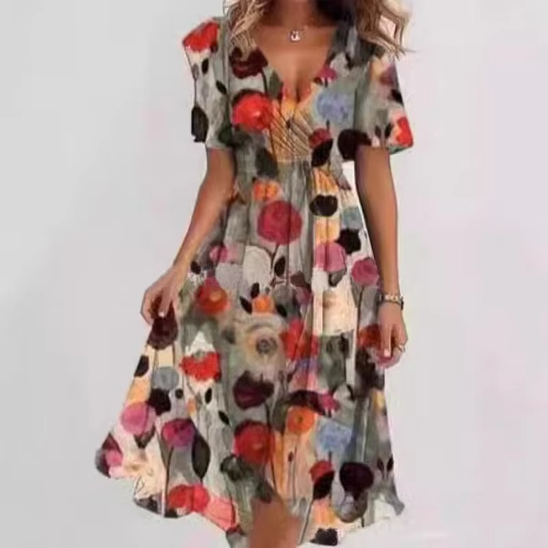 Women's loose-fit floral print V-neck summer dress, short sleeve, breathable lightweight casual chic