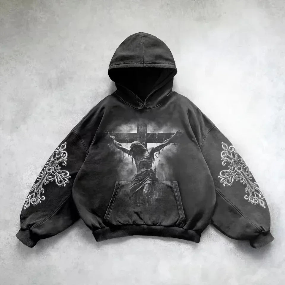 Washed hoodie premium cotton vintage gravure finish bold retro streetwear style faded distressed look