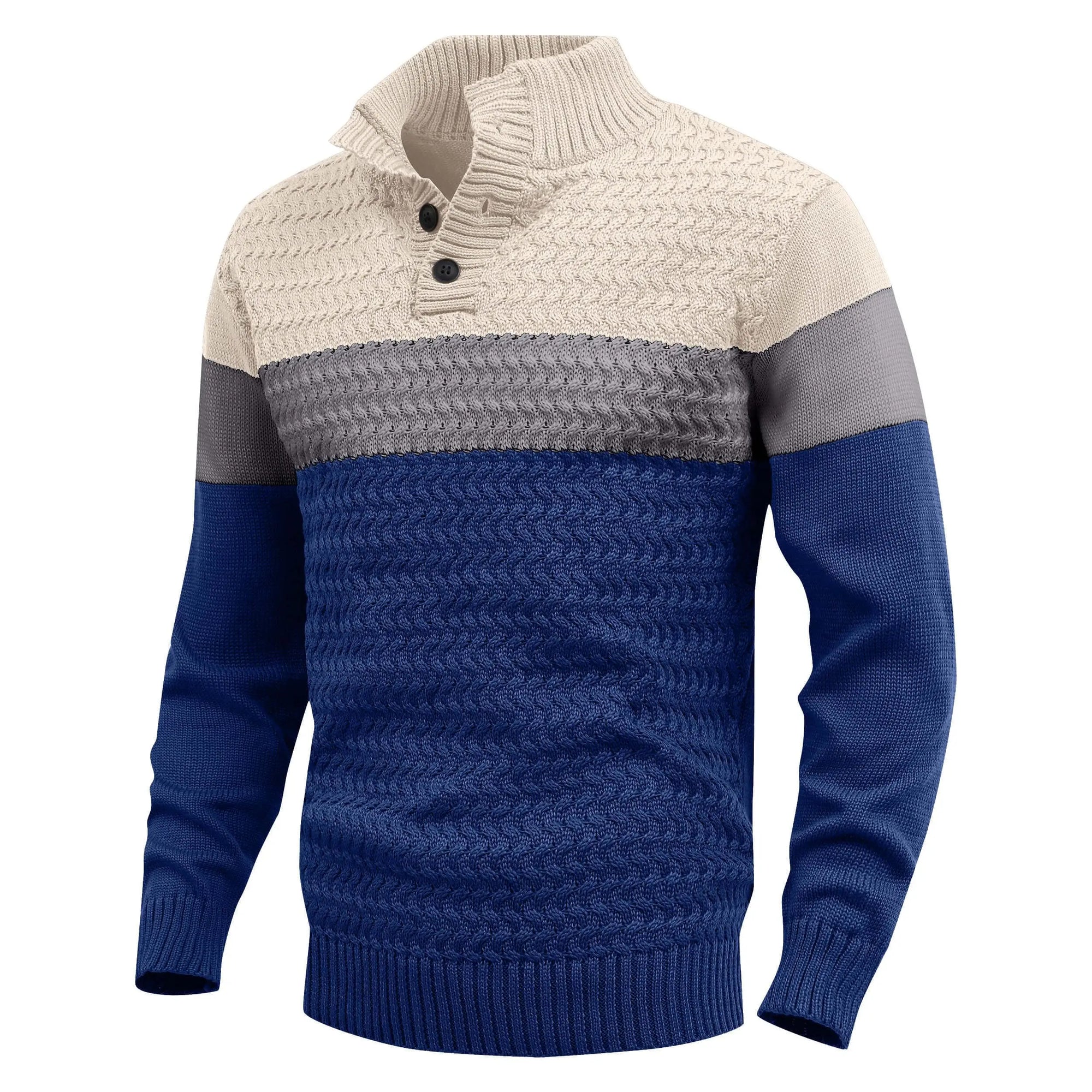 Men's color block cable knit pullover sweater, regular fit stand collar, versatile casual style