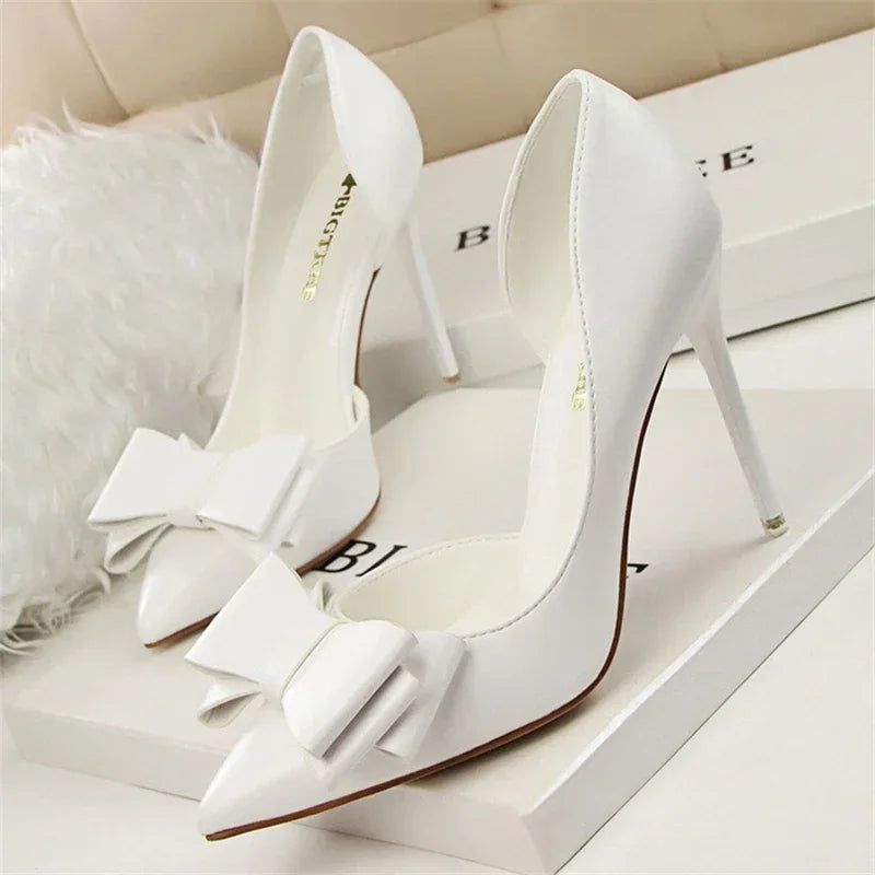 Pointed toe bow pumps slim 11cm heel elegant chic women's heels with soft insole comfort