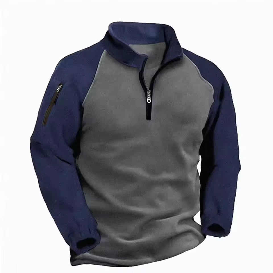 Men's gray two-tone fleece mock neck half zip pullover with zippered arm pocket, lightweight winter top