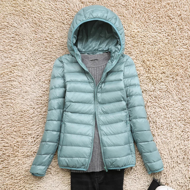Women's taupe ultralight long packable down jacket with hood, slim everyday travel style